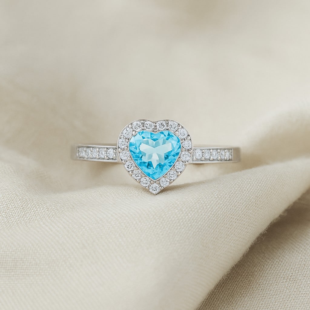 Natural Swiss Blue Topaz Gemstone & Lab Grown Diamonds Silver Ring: Natural Swiss Blue Topaz Gemstone & Lab Grown Diamonds Silver Ring Jewelry Type : Ring Gemstone : Natural Swiss Blue Topaz Gemstone Shape : Heart Gemstone Size : 6 MM Gemstone Quantity : 1 Piece