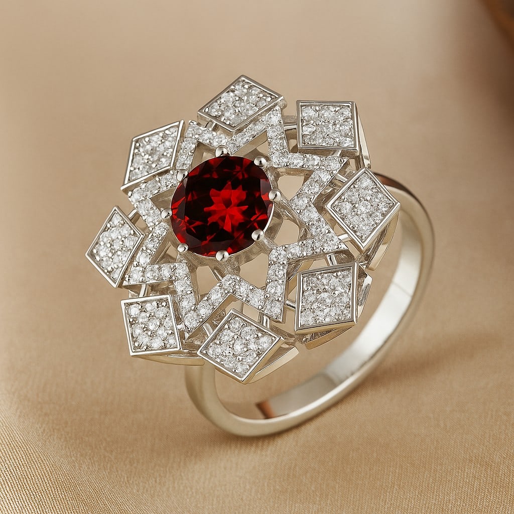 Natural Garnet Gemstone & Lab Grown Diamonds Silver Ring: Natural Garnet Gemstone & Lab Grown Diamonds Silver Ring Jewelry Type : Ring Gemstone : Natural Garnet Gemstone Shape : Round Gemstone Size : 7 MM Gemstone Quantity : 1 Piece Diamond Type : Lab Grown