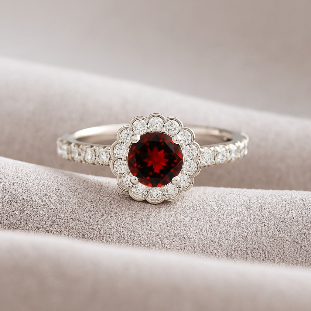 Natural Garnet Gemstone & Lab Grown Diamonds Silver Ring: Natural Garnet Gemstone & Lab Grown Diamonds Silver Ring Jewelry Type : Ring Gemstone : Natural Garnet Gemstone Shape : Round Gemstone Size : 5x5 MM Gemstone Quantity : 1 Piece Diamond Type : Lab