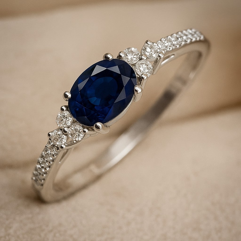Natural Blue Sapphire Gemstone & Lab Grown Diamonds Silver Ring (1 of 7)