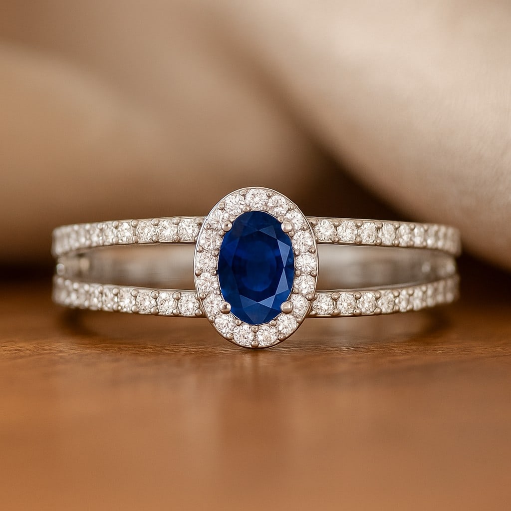 Natural Blue Sapphire Gemstone & Lab Grown Diamonds Silver Ring: Natural Blue Sapphire Gemstone & Lab Grown Diamonds Silver Ring Jewelry Type : Ring Gemstone : Natural Blue Sapphire Gemstone Shape : Oval Gemstone Size : 6x4 MM Gemstone Quantity : 1 Piece