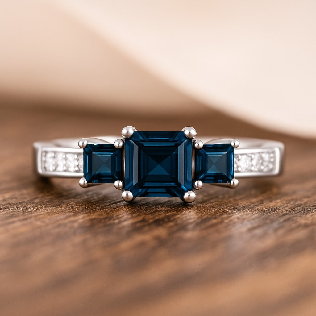 Natural London Blue Topaz Gemstone & Lab Grown Diamonds Silver Ring: Natural London Blue Topaz Gemstone & Lab Grown Diamonds Silver Ring Jewelry Type : Ring Gemstone : Natural London Blue Topaz Gemstone Shape : Princess Gemstone Size : 5 MM, 3MM Gemstone Quantity :