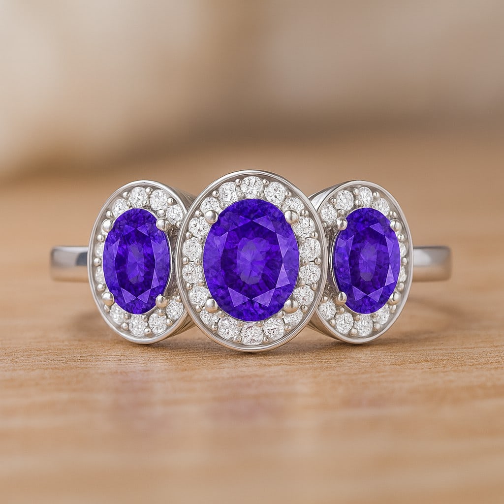 Natural Tanzanite Gemstone & Lab Grown Diamonds Silver Ring (1 of 7)