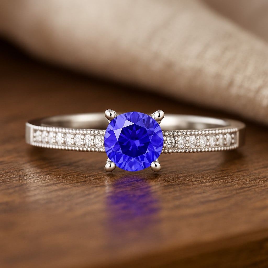 Natural Tanzanite Gemstone & Lab Grown Diamonds Silver Ring: Natural Tanzanite Gemstone & Lab Grown Diamonds Silver Ring Jewelry Type : Ring Gemstone : Natural Tanzanite Gemstone Shape : Round Gemstone Size : 5 MM Gemstone Quantity : 1 Piece Diamond T