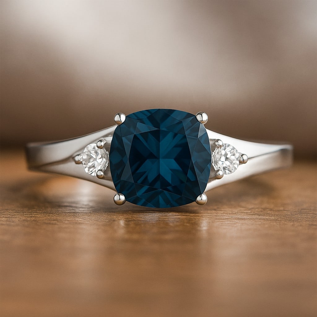 Natural London Blue Topaz Gemstone & Lab Grown Diamonds Silver Ring: Natural London Blue Topaz Gemstone & Lab Grown Diamonds Silver Ring Jewelry Type : Ring Gemstone : Natural London Blue Topaz Gemstone Shape : Cushion Square Gemstone Size : 8 MM Gemstone Quantity :