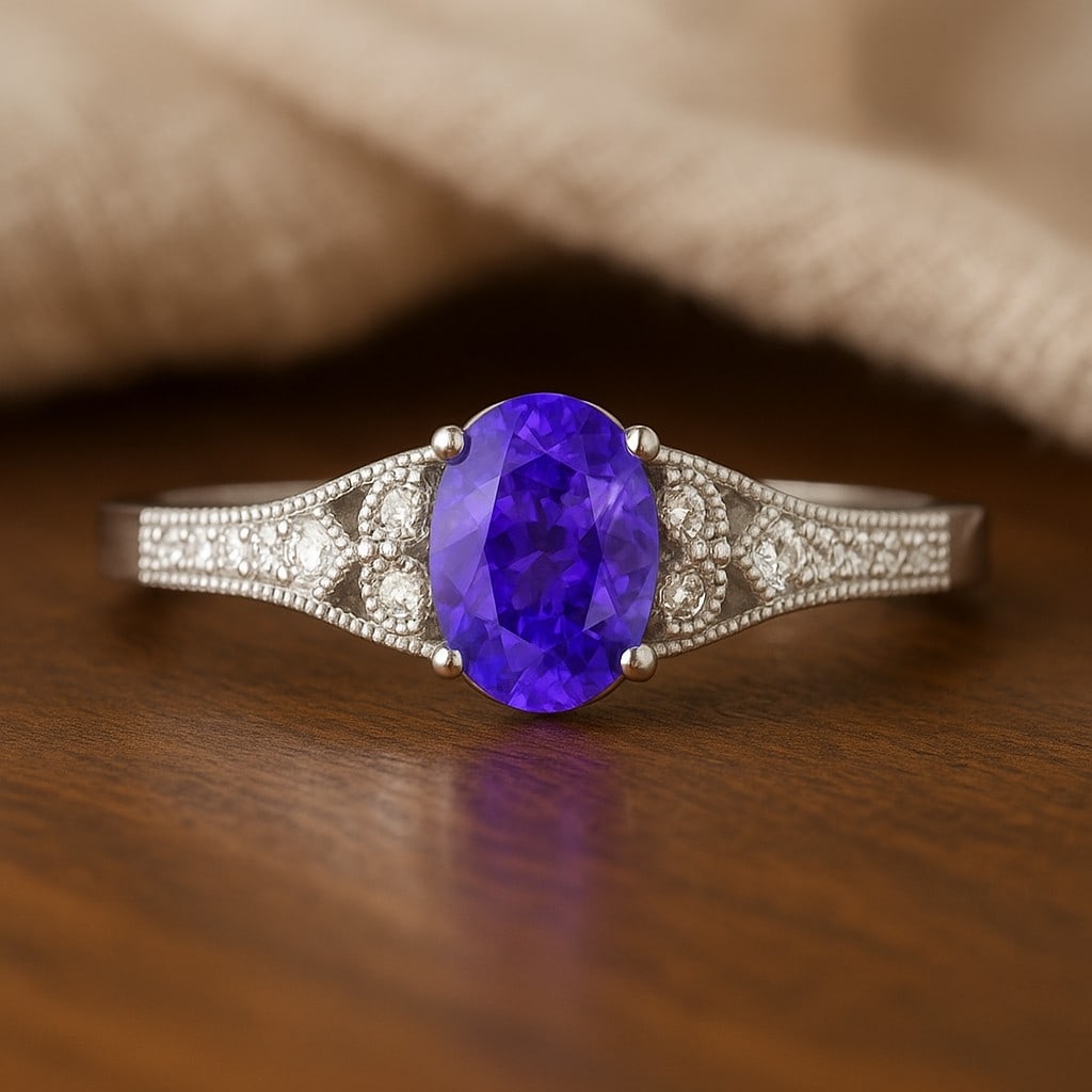 Natural Tanzanite Gemstone & Lab Grown Diamonds Silver Ring (1 of 7)