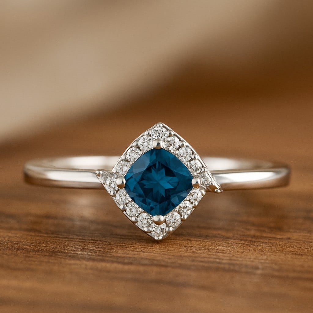 Natural London Blue Topaz Gemstone & Lab Grown Diamonds Silver Ring: Natural London Blue Topaz Gemstone & Lab Grown Diamonds Silver Ring Jewelry Type : Ring Gemstone : Natural London Blue Topaz Gemstone Shape : Cushion Square Gemstone Size : 4 MM Gemstone Quantity :