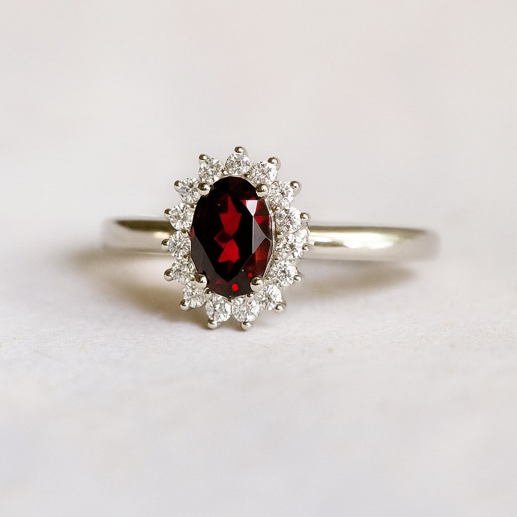 Natural Garnet Gemstone & Lab Grown Diamonds Silver Ring: Natural Garnet Gemstone & Lab Grown Diamonds Silver Ring Jewelry Type : Ring Gemstone : Natural Garnet Gemstone Shape : Oval Gemstone Size : 7x5 MM Gemstone Quantity : 1 Piece Diamond Type :