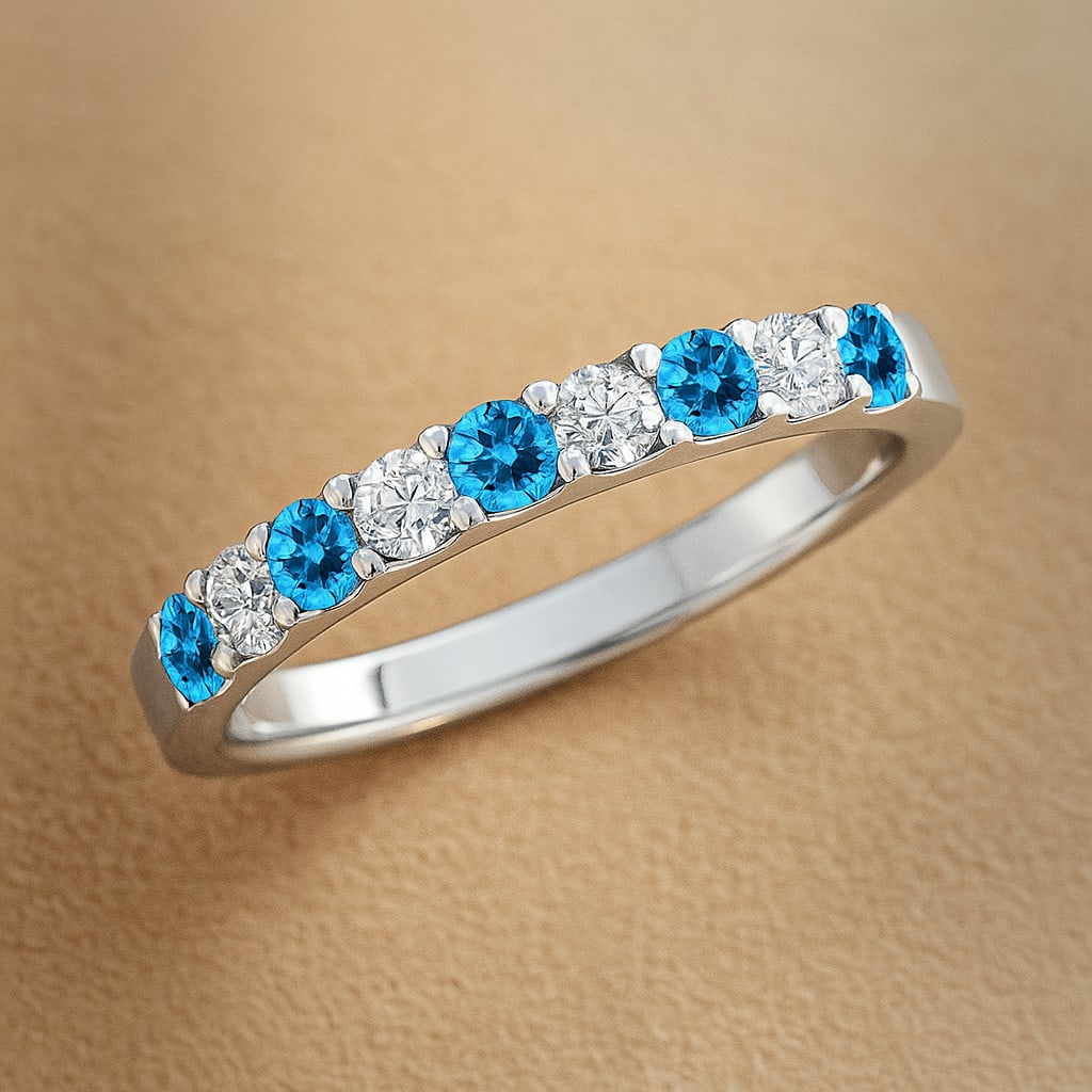 Natural Swiss Blue Topaz Gemstone & Lab Grown Diamonds Silver Ring: Natural Swiss Blue Topaz Gemstone & Lab Grown Diamonds Silver Ring Jewelry Type : Ring Gemstone : Natural Swiss Blue Topaz Gemstone Shape : Round Gemstone Size : 2.5 MM Gemstone Quantity : 5 Pieces