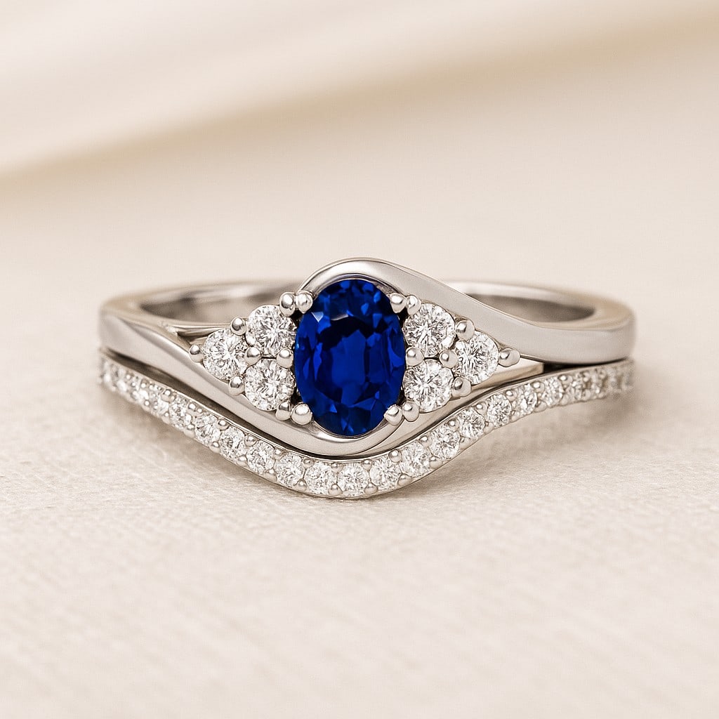 Natural Blue Sapphire Gemstone & Lab Grown Diamonds Silver Ring (1 of 7)