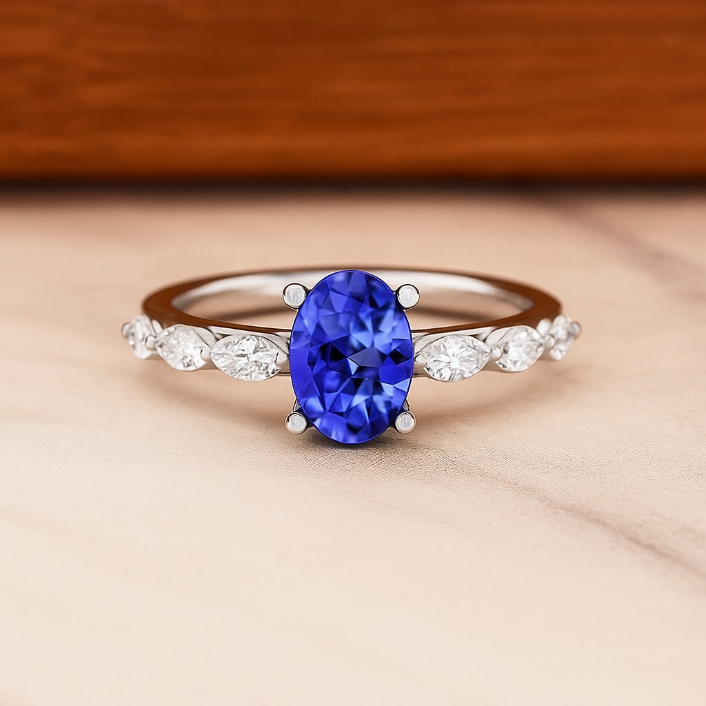 Natural Tanzanite Gemstone & Lab Grown Diamonds Silver Ring: Natural Tanzanite Gemstone & Lab Grown Diamonds Silver Ring Jewelry Type : Ring Gemstone : Natural Tanzanite Gemstone Shape : Oval Gemstone Size : 7x5 MM Gemstone Quantity : 1 Piece Diamond