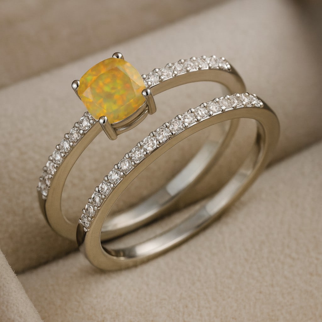 Natural Opal Gemstone & Lab Grown Diamonds Silver Ring: Natural Opal Gemstone & Lab Grown Diamonds Silver Ring Jewelry Type : Ring Gemstone : Natural Opal Gemstone Shape : Cushion Square Gemstone Size : 5 MM Gemstone Quantity : 1 Piece Diamond Ty