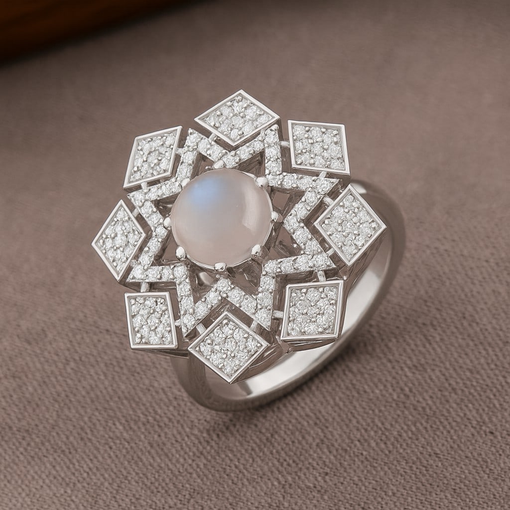 Natural Moonstone Gemstone & Lab Grown Diamonds Silver Ring (1 of 7)
