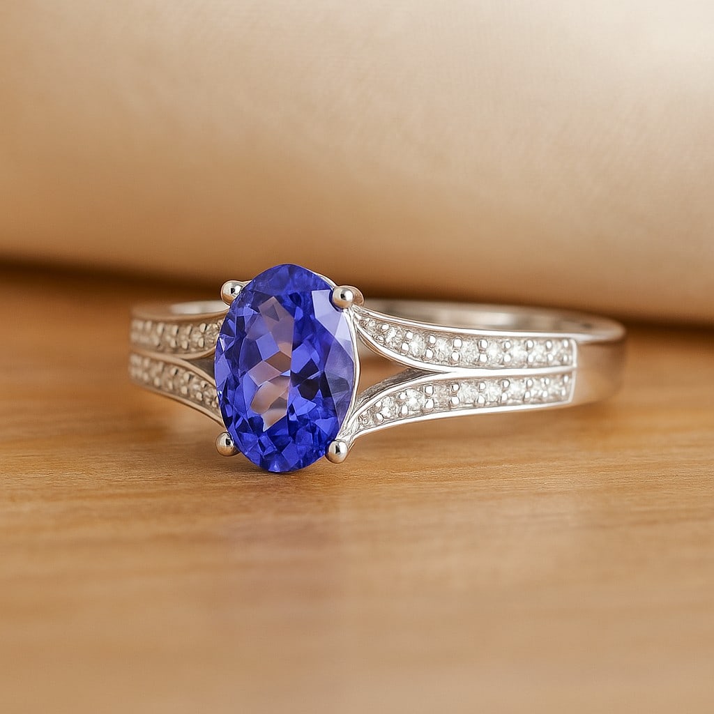 Natural Tanzanite Gemstone & Lab Grown Diamonds Silver Ring (1 of 7)