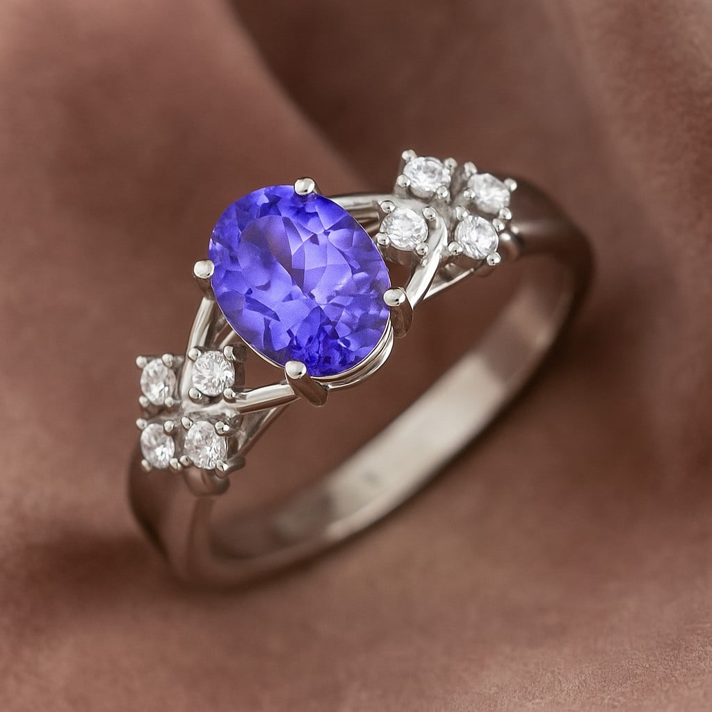 Natural Tanzanite Gemstone & Lab Grown Diamonds Silver Ring (1 of 7)