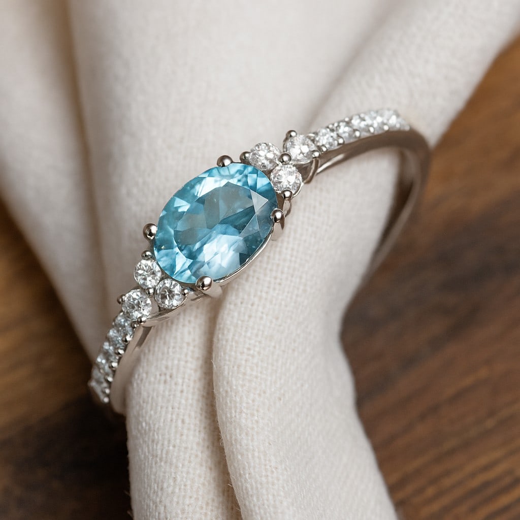 Natural Aquamarine Gemstone & Lab Grown Diamonds Silver Ring: Natural Aquamarine Gemstone & Lab Grown Diamonds Silver Ring Jewelry Type : Ring Gemstone : Natural Aquamarine Gemstone Shape : Oval Gemstone Size : 7x5 MM Gemstone Quantity : 1 Piece Diamon