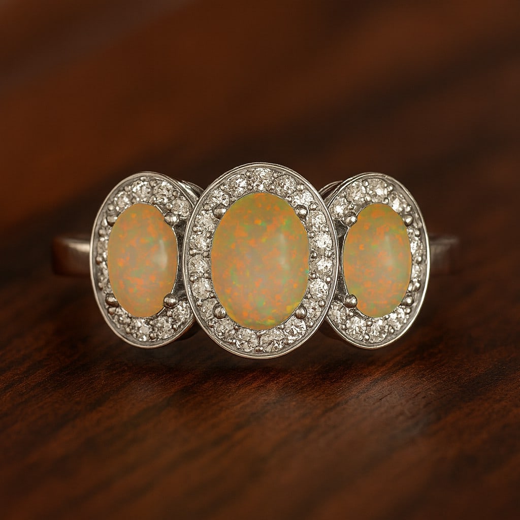 Natural Opal Gemstone & Lab Grown Diamonds Silver Ring (1 of 7)