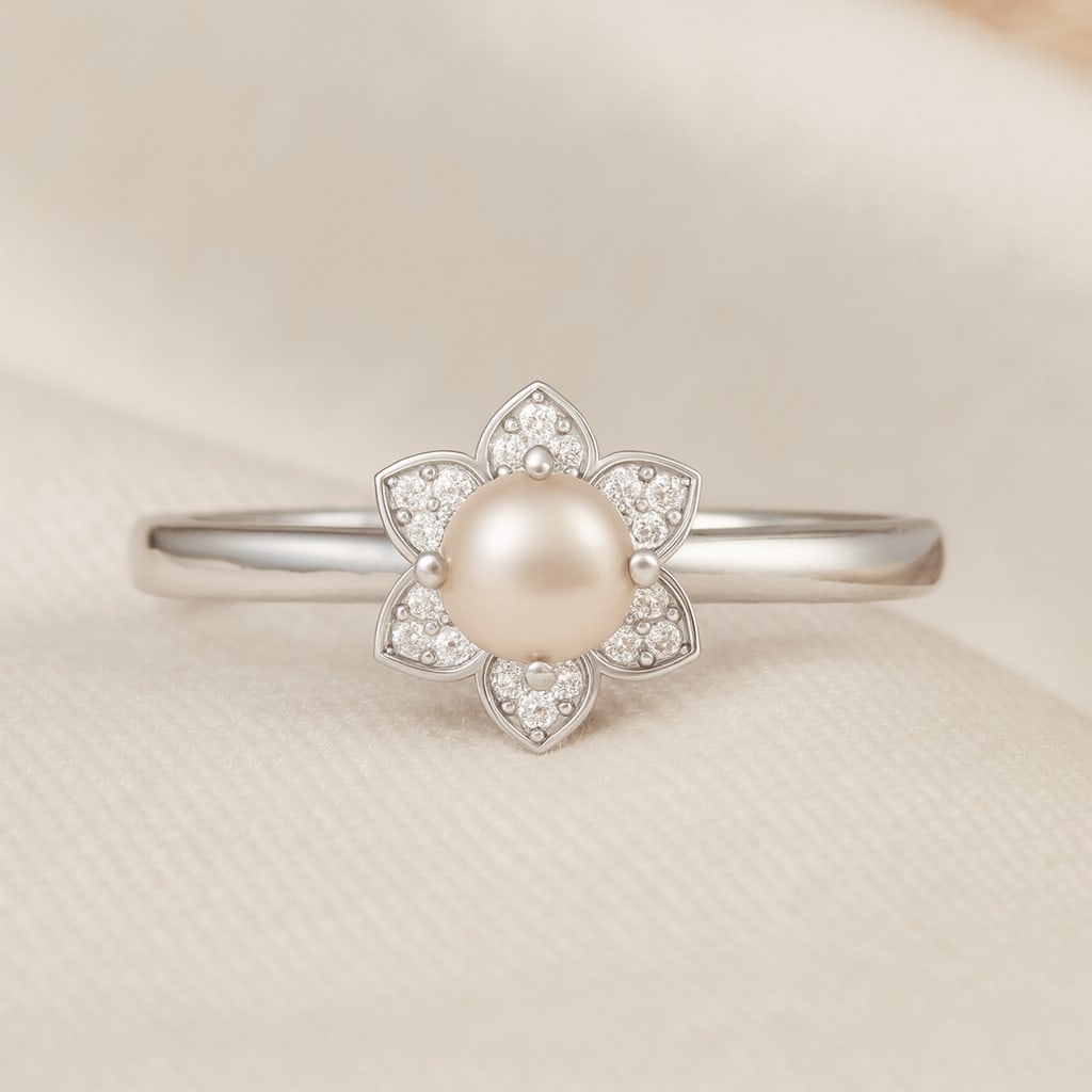 Natural Pearl Gemstone & Lab Grown Diamonds Silver Ring: Natural Pearl Gemstone & Lab Grown Diamonds Silver Ring Jewelry Type : Ring Gemstone : Natural Pearl Gemstone Shape : Round Gemstone Size : 5 MM Gemstone Quantity : 1 Piece Diamond Type :