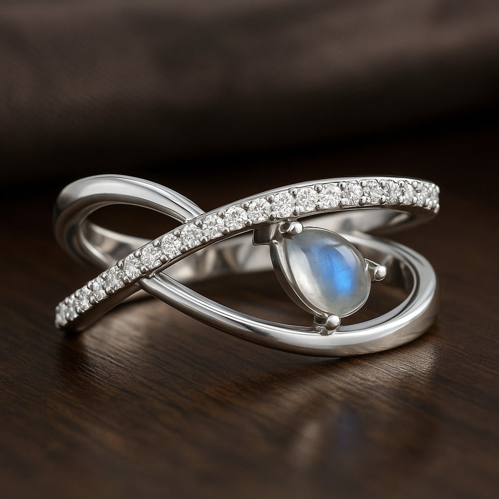 Natural Moonstone Gemstone & Lab Grown Diamonds Silver Ring (1 of 7)