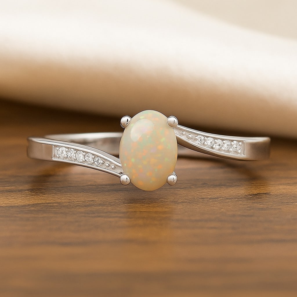 Natural Opal Gemstone & Lab Grown Diamonds Silver Ring (1 of 7)