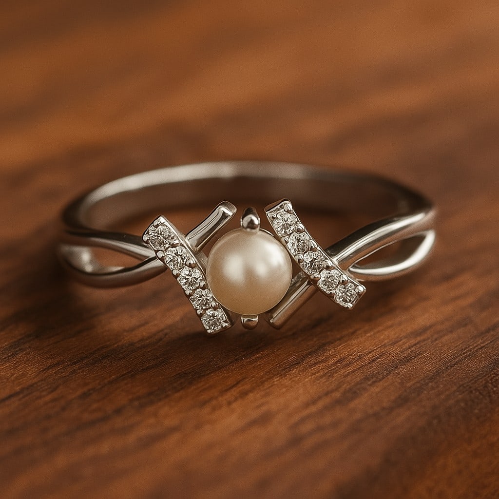 Natural Pearl Gemstone & Lab Grown Diamonds Silver Ring: Natural Pearl Gemstone & Lab Grown Diamonds Silver Ring Jewelry Type : Ring Gemstone : Natural Pearl Gemstone Shape : Round Gemstone Size : 4.5 MM Gemstone Quantity : 1 Piece Diamond Type :