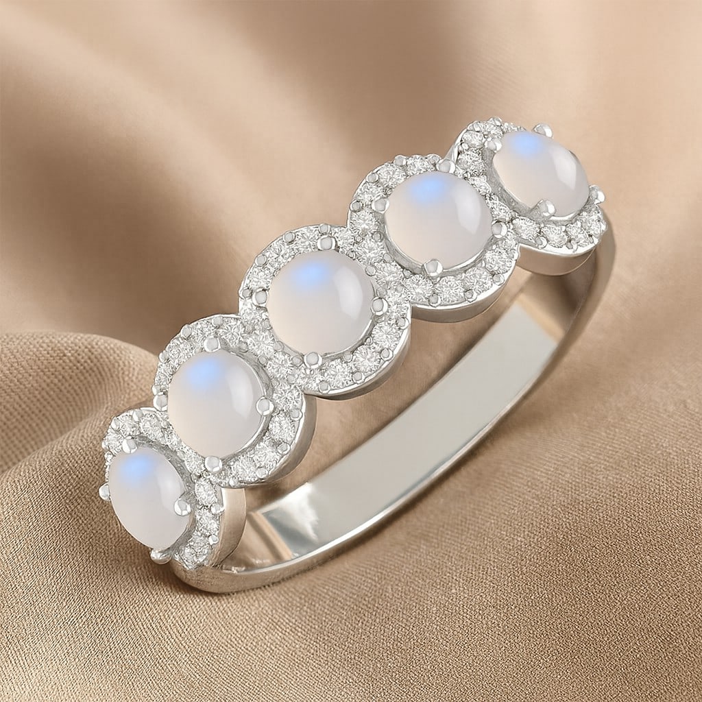 Natural Moonstone Gemstone & Lab Grown Diamonds Silver Ring (1 of 7)