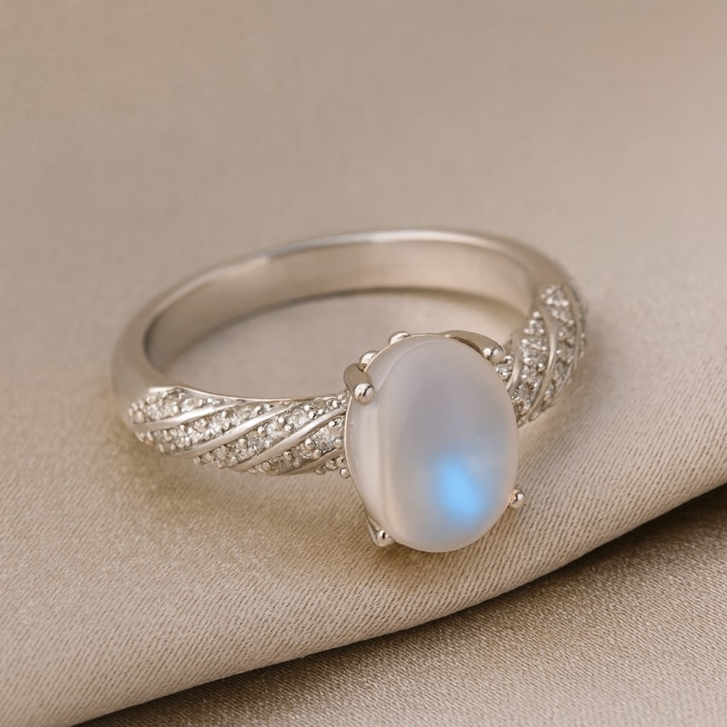 Natural Moonstone Gemstone & Lab Grown Diamonds Silver Ring: Natural Moonstone Gemstone & Lab Grown Diamonds Silver Ring Jewelry Type : Ring Gemstone : Natural Moonstone Gemstone Shape : Oval Gemstone Size : 8x6 MM Gemstone Quantity : 1 Piece Diamond