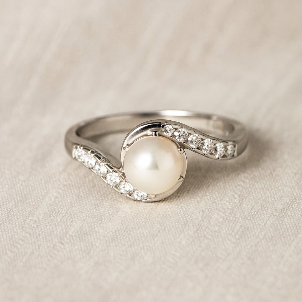 Natural Pearl Gemstone & Lab Grown Diamonds Silver Ring (1 of 7)