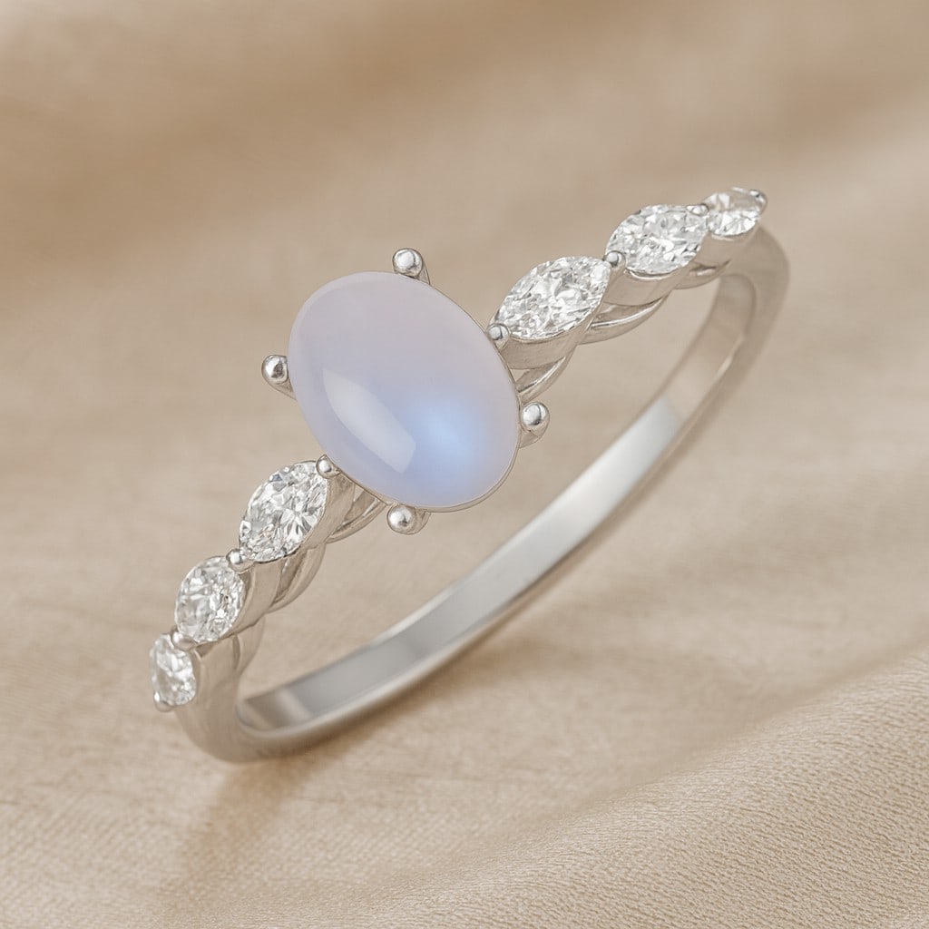 Natural Moonstone Gemstone & Lab Grown Diamonds Silver Ring (1 of 6)