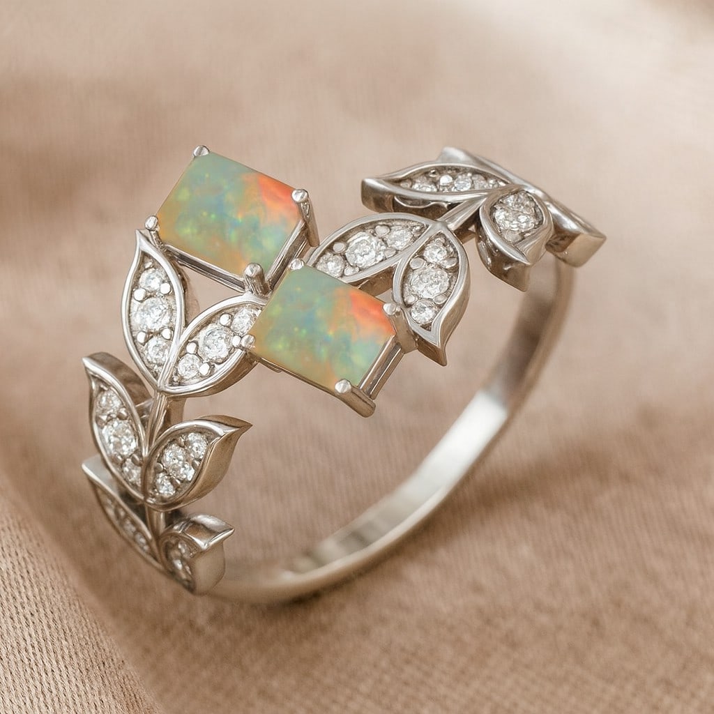 Natural Opal Gemstone & Lab Grown Diamonds Silver Ring (1 of 6)