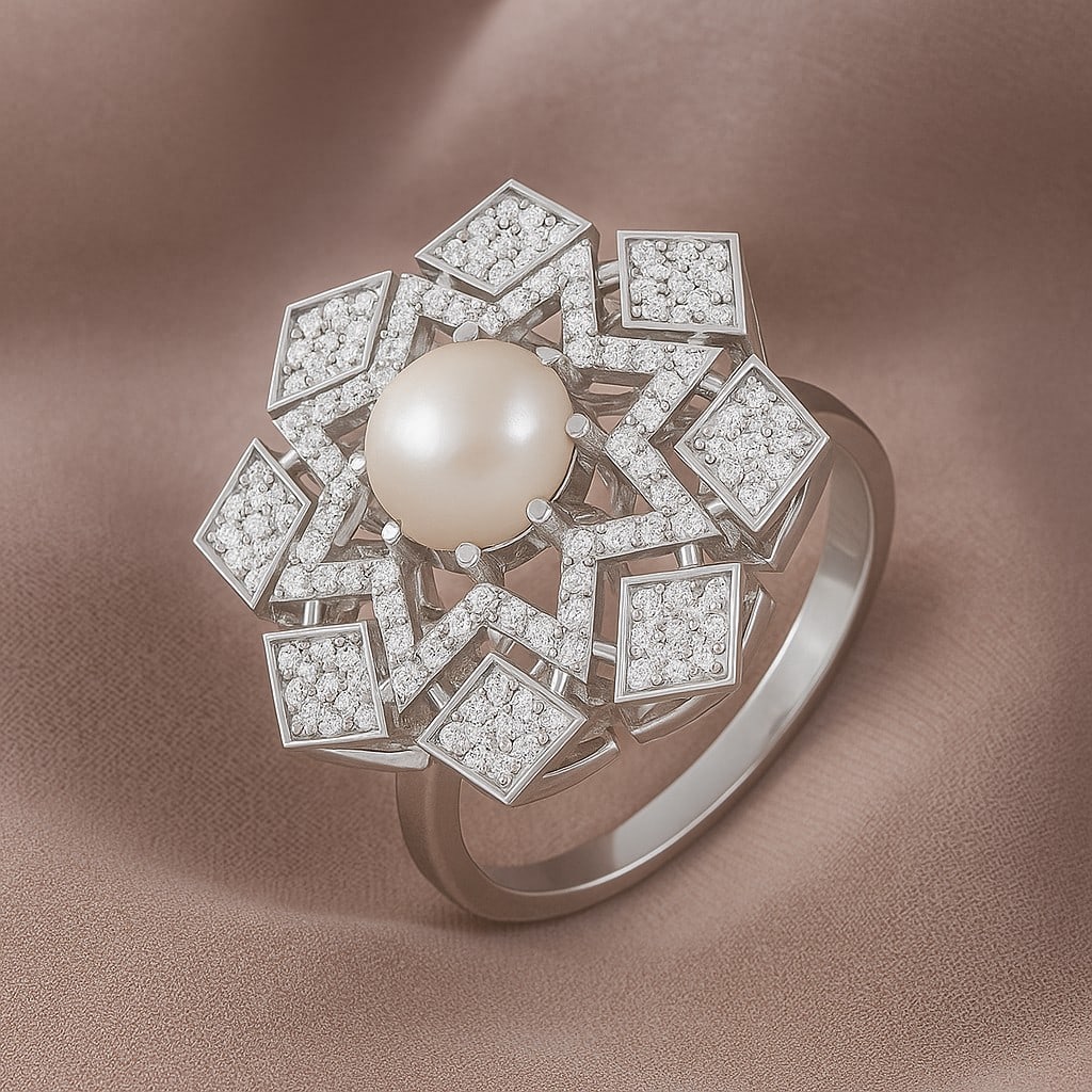 Natural Pearl Gemstone & Lab Grown Diamonds Silver Ring: Natural Pearl Gemstone & Lab Grown Diamonds Silver Ring Jewelry Type : Ring Gemstone : Natural Pearl Gemstone Shape : Round Gemstone Size : 7 MM Gemstone Quantity : 1 Piece Diamond Type :