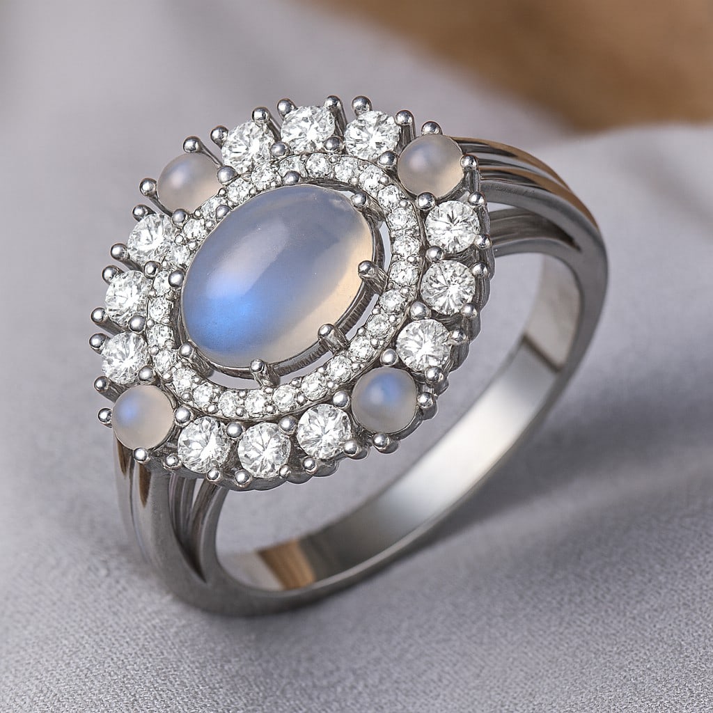 Natural Moonstone Gemstone & Lab Grown Diamonds Silver Ring (1 of 7)