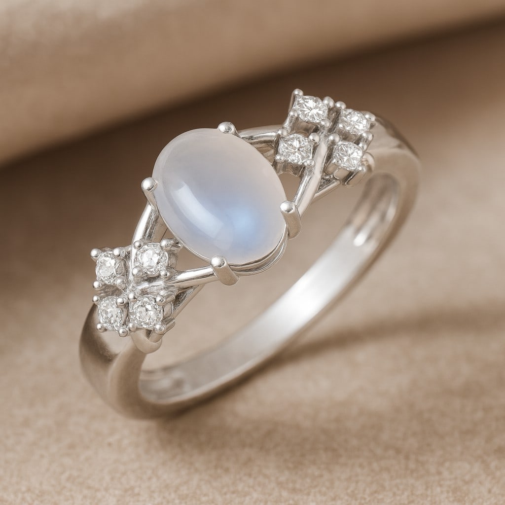 Natural Moonstone Gemstone & Lab Grown Diamonds Silver Ring (1 of 7)