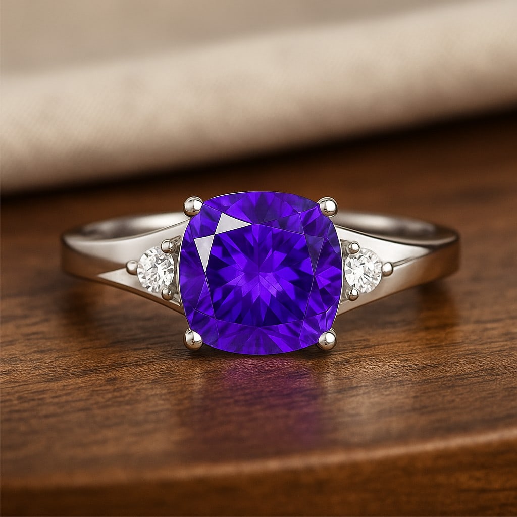 Natural Tanzanite Gemstone & Lab Grown Diamonds Silver Ring: Natural Tanzanite Gemstone & Lab Grown Diamonds Silver Ring Jewelry Type : Ring Gemstone : Natural Tanzanite Gemstone Shape : Cushion Square Gemstone Size : 8 MM Gemstone Quantity : 1 Piece