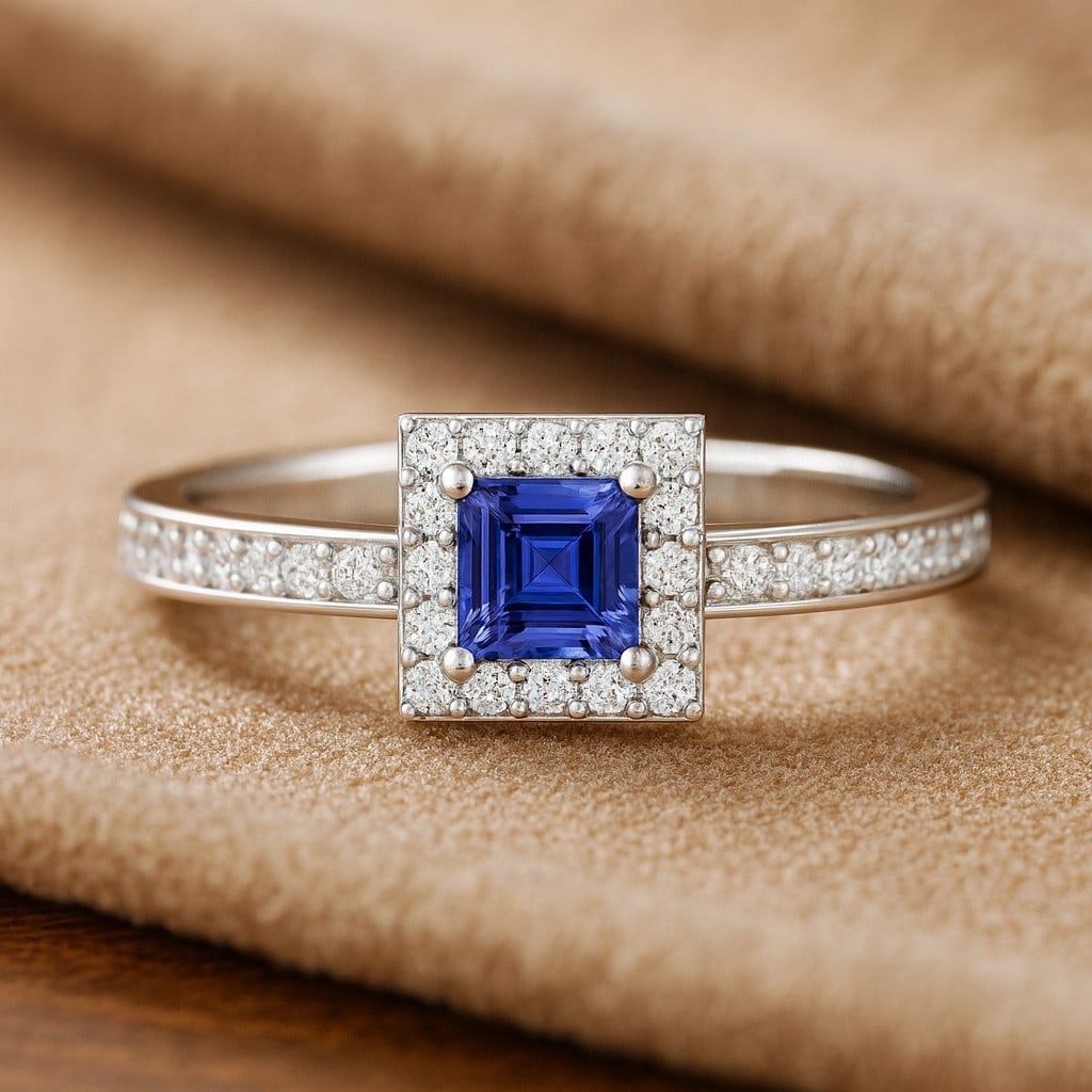 Natural Tanzanite Gemstone & Lab Grown Diamonds Silver Ring: Natural Tanzanite Gemstone & Lab Grown Diamonds Silver Ring Jewelry Type : Ring Gemstone : Natural Tanzanite Gemstone Shape : Princess Gemstone Size : 4 MM Gemstone Quantity : 1 Piece Diamon