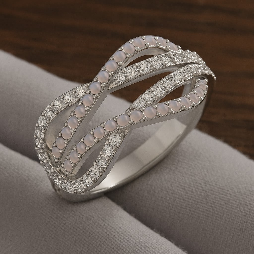 Natural Moonstone Gemstone & Lab Grown Diamonds Silver Ring (1 of 7)