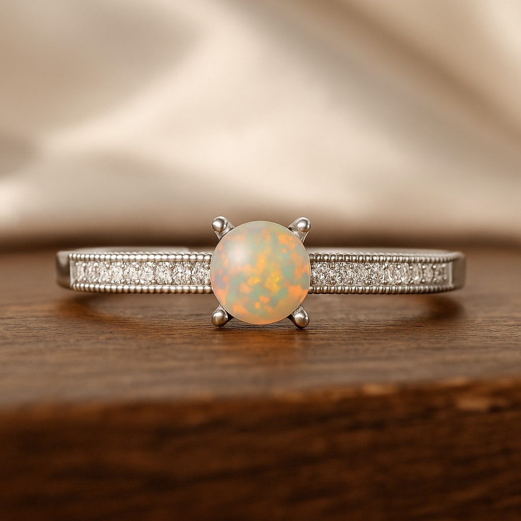 Natural Opal Gemstone & Lab Grown Diamonds Silver Ring: Natural Opal Gemstone & Lab Grown Diamonds Silver Ring Jewelry Type : Ring Gemstone : Natural Opal Gemstone Shape : Round Gemstone Size : 5 MM Gemstone Quantity : 1 Piece Diamond Type : L