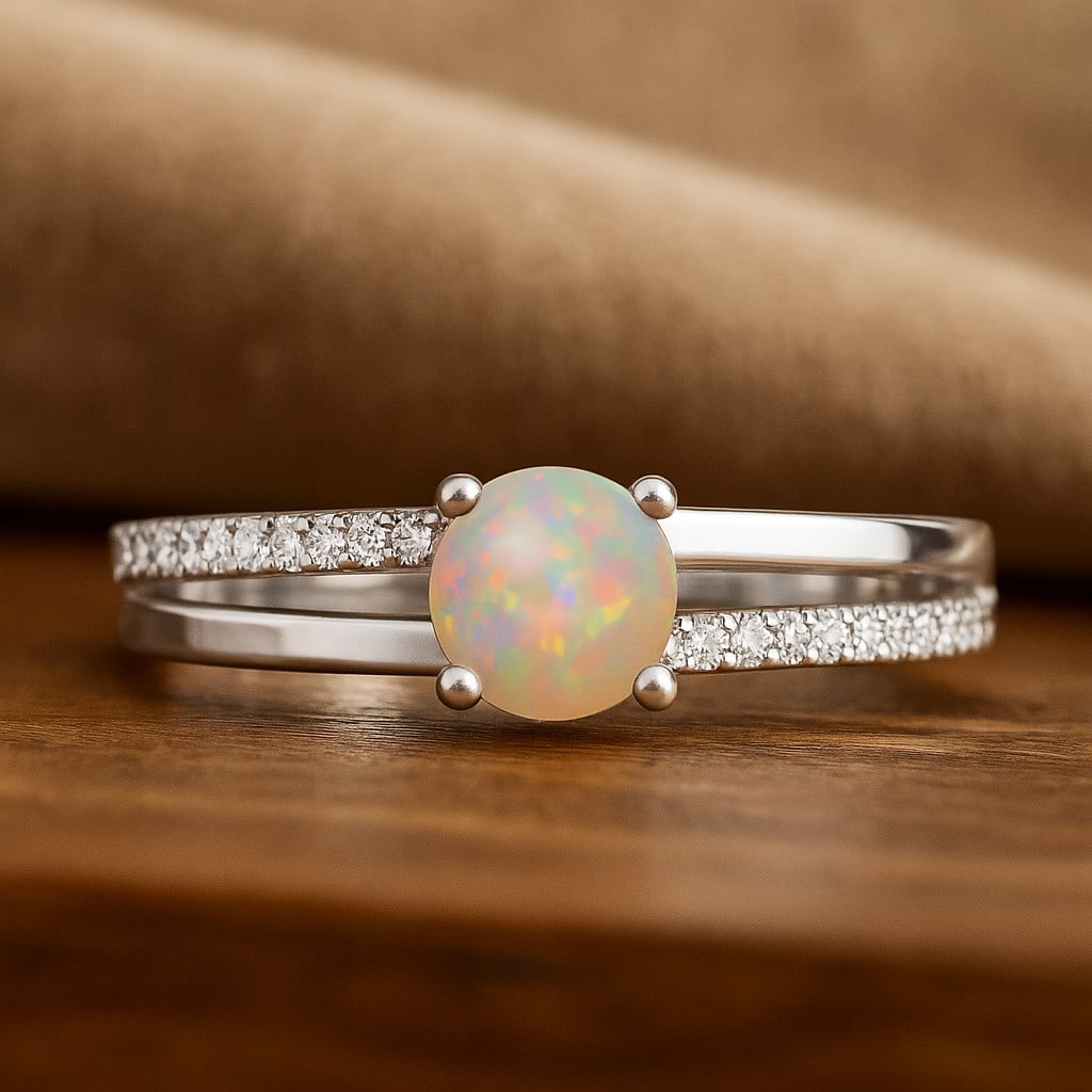 Natural Opal Gemstone & Lab Grown Diamonds Silver Ring: Natural Opal Gemstone & Lab Grown Diamonds Silver Ring Jewelry Type : Ring Gemstone : Natural Opal Gemstone Shape : Round Gemstone Size : 6 MM Gemstone Quantity : 1 Piece Diamond Type : L