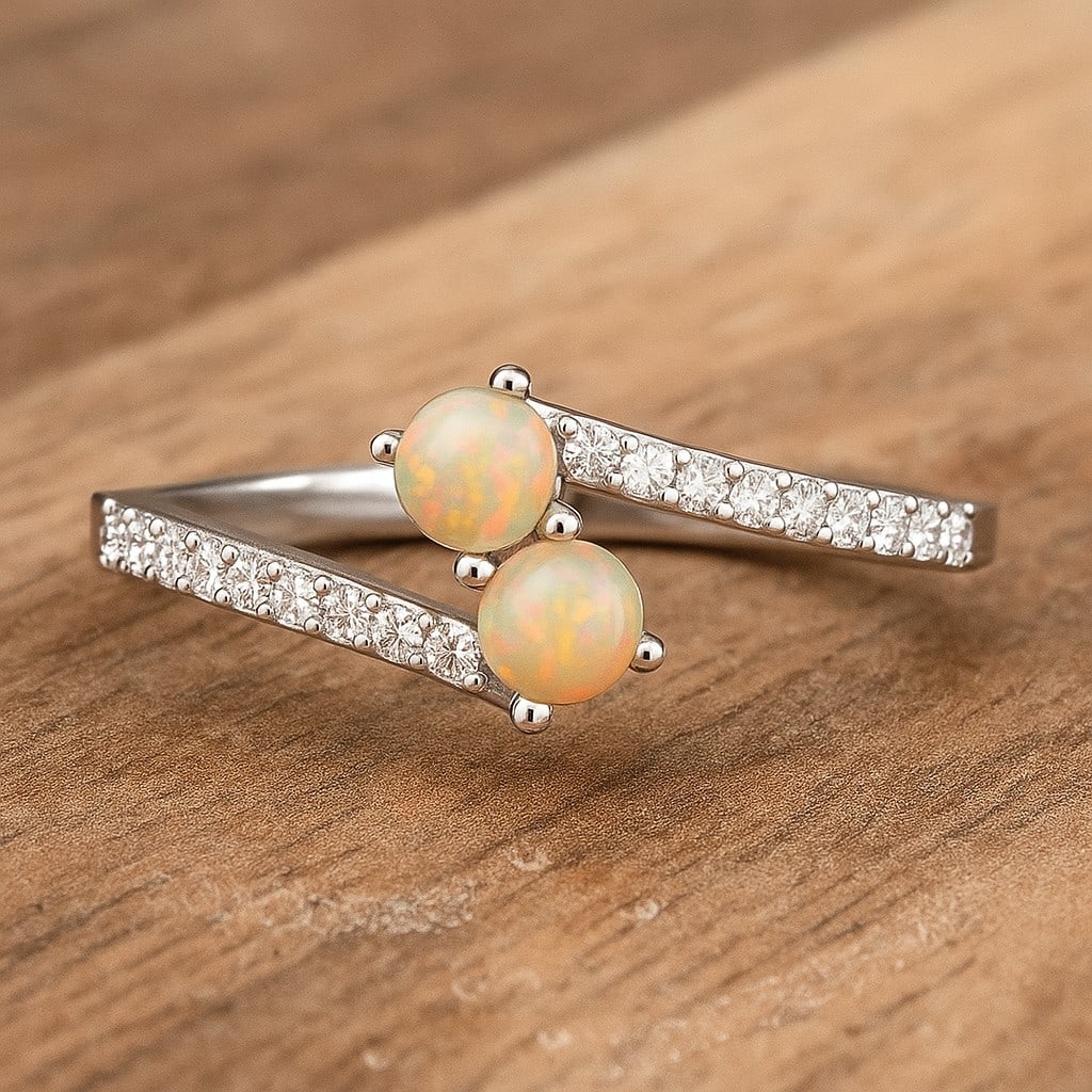 Natural Opal Gemstone & Lab Grown Diamonds Silver Ring (1 of 7)