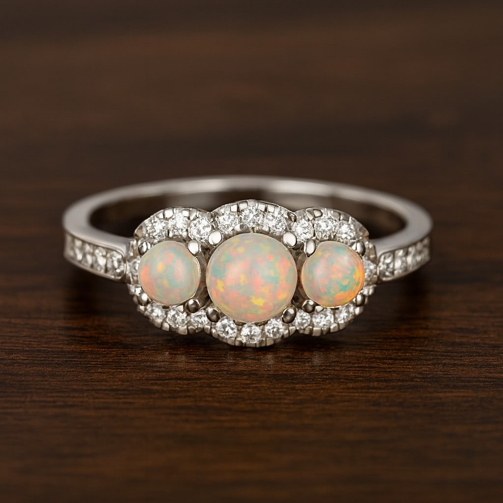 Natural Opal Gemstone & Lab Grown Diamonds Silver Ring: Natural Opal Gemstone & Lab Grown Diamonds Silver Ring Jewelry Type : Ring Gemstone : Natural Opal Gemstone Shape : Round Gemstone Size : 4 MM, 3MM Gemstone Quantity : 1 Piece, 2 Pieces Diam