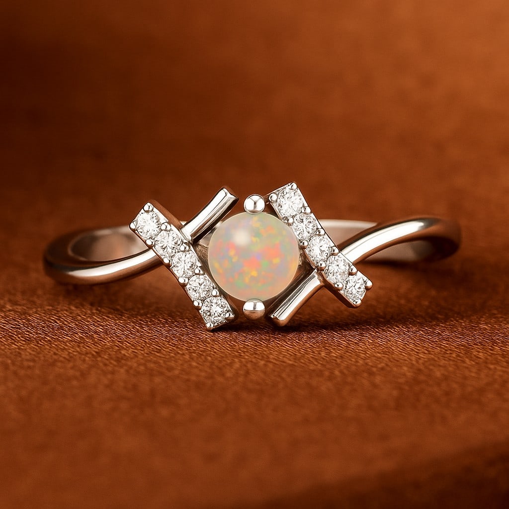 Natural Opal Gemstone & Lab Grown Diamonds Silver Ring (1 of 7)