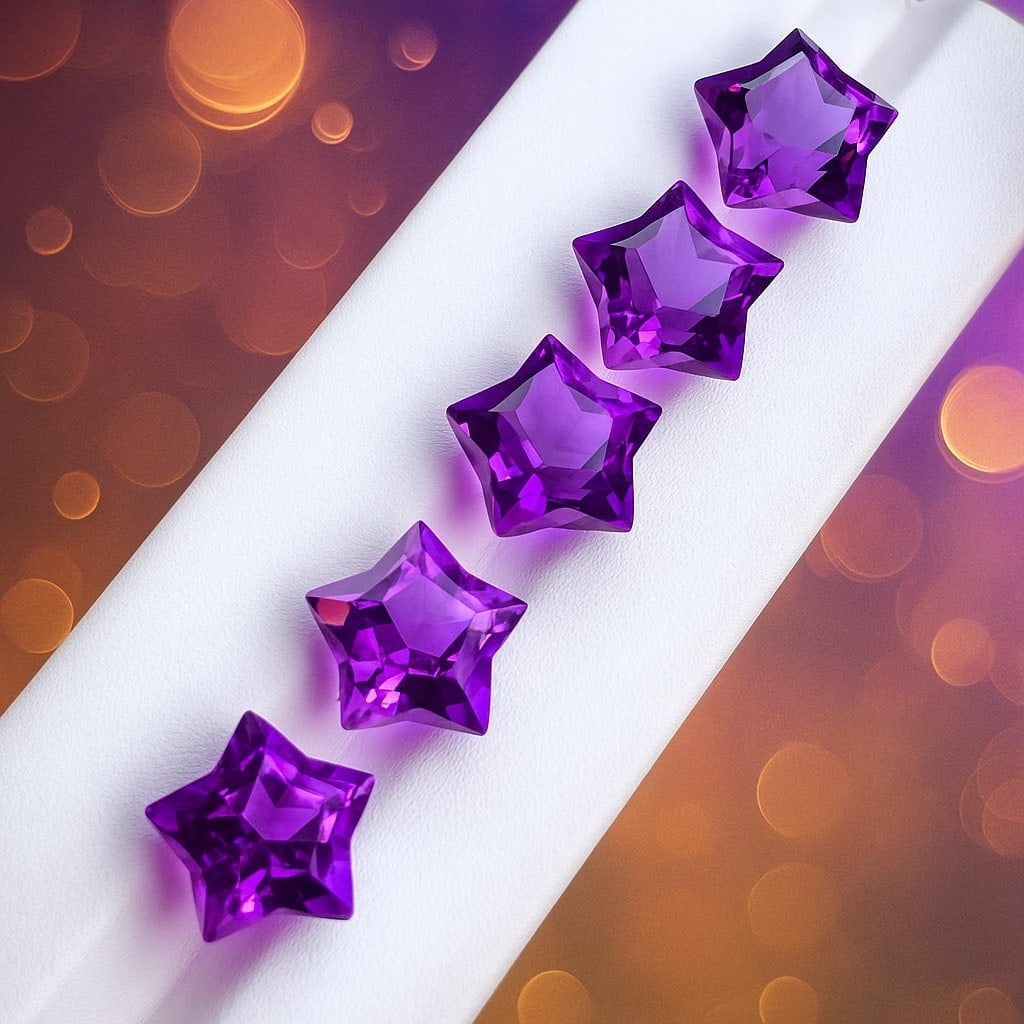 Natural Amethyst Star Shaped Cut 5 Pieces Lot: Natural Amethyst Star Shaped Cut 5 Pieces Lot Amethyst Shape : Star Shaped Size : 11.5x12x8.5 MM Color : Purple Type : Cut Quantity : 5 Piece Weight : 27.9 Carats Co