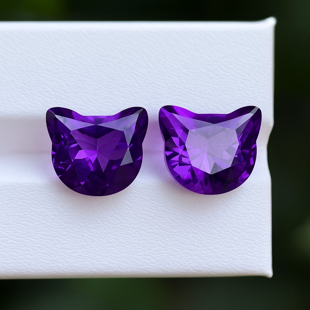 Natural Amethyst Kitty Head Cut 11.05 Cts. Gemstone Pair: Natural Amethyst Kitty Head Cut 11.05 Cts. Gemstone Pair Amethyst Shape : Kitty Head Size : 10x11.5x7 MM Color : Purple Type : Cut Quantity : 2 Piece Weight : 11.05 Carats