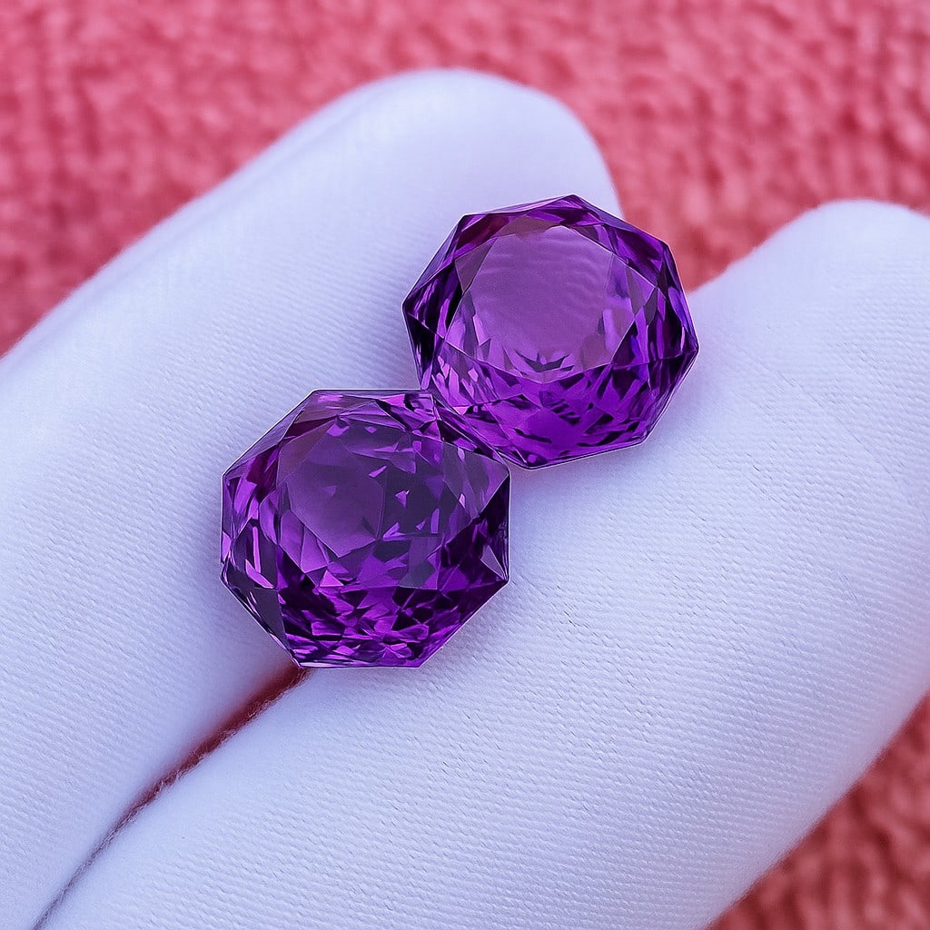 Natural Amethyst Octagon Concave Cut 15.95 Cts. Gemstone Pair: Natural Amethyst Octagon Concave Cut 15.95 Cts. GemstoneAmethyst Shape : Octagon Size : Stone 1 : 12.5X12.5X10.5 MM , Stone 2 : 12.5X12.5X9 MM Color : Purple Type : Concave Cut Quantity : 2 Pieces<