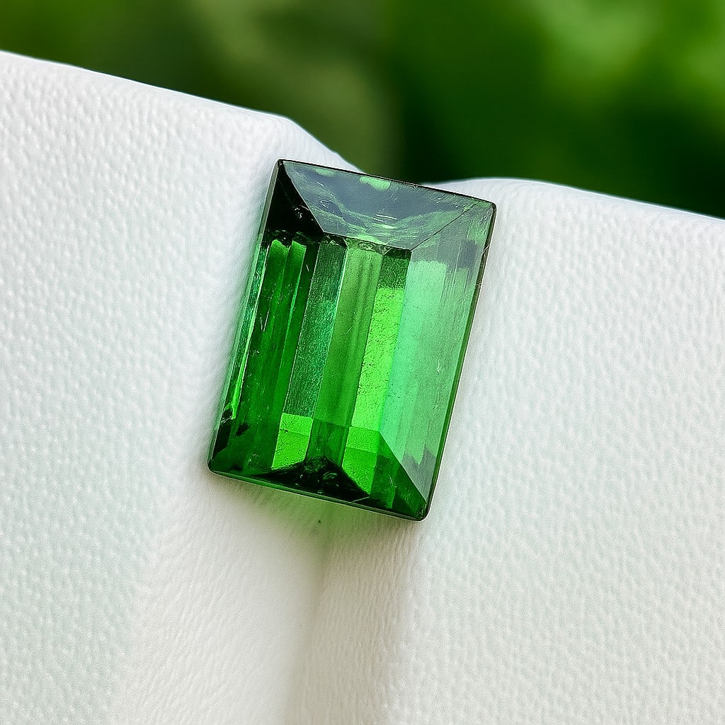 Natural Green Tourmaline Baguette Faceted Cut 3.75 Cts. Gemstone: Natural Green Tourmaline Baguette Faceted Cut 3.75 Cts. Gemstone Gemstone : Green Tourmaline Shape : Baguette Size : 10x7x6 MM Color : Green Type : Faceted Cut Quantity : 1 Piece<