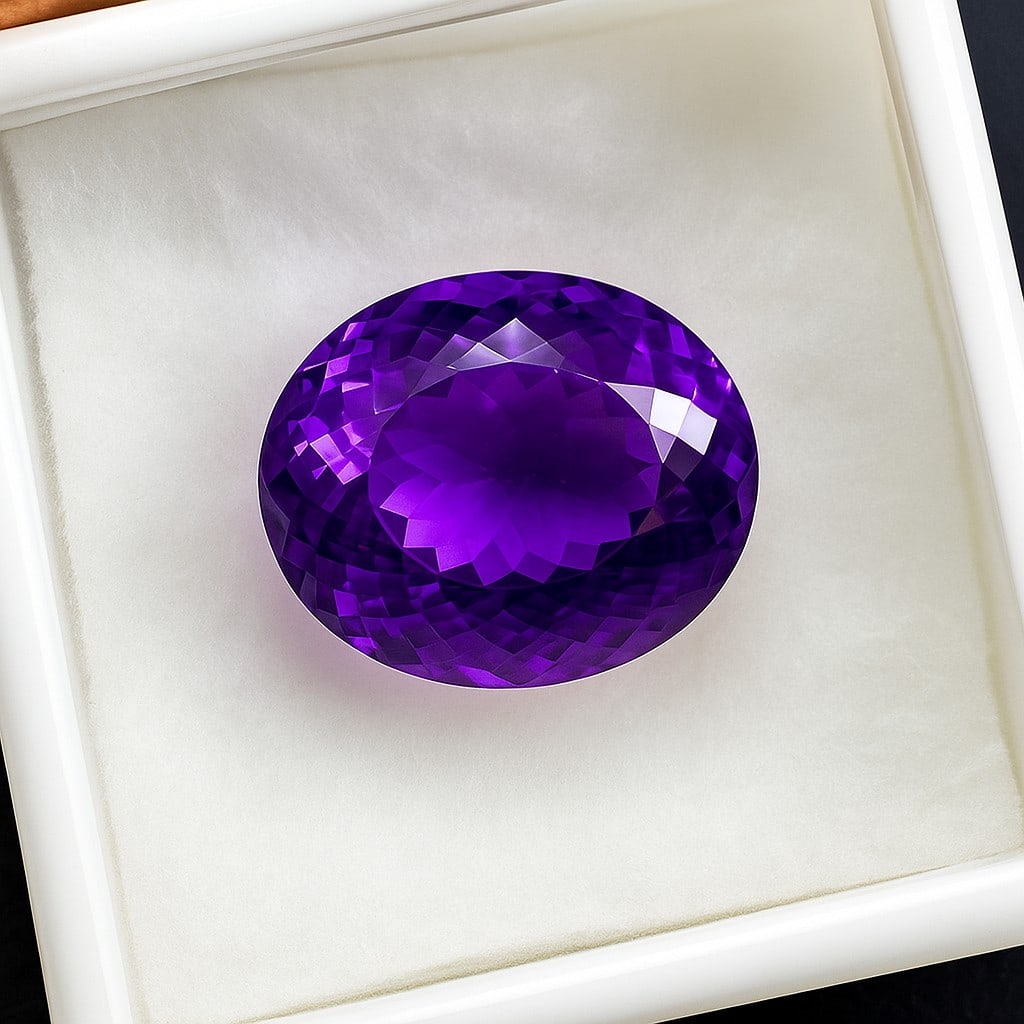 Natural Amethyst Oval Faceted Cut 43.2 Carats Gemstone: Natural Amethyst Oval Faceted Cut 43.2 Carats Gemstone Gemstone : Amethyst Stone Shape : Oval Stone Cutting Type : Faceted Cut Stone Weight : 43.2 Carats Stone Measurement : 23x18x15 MM