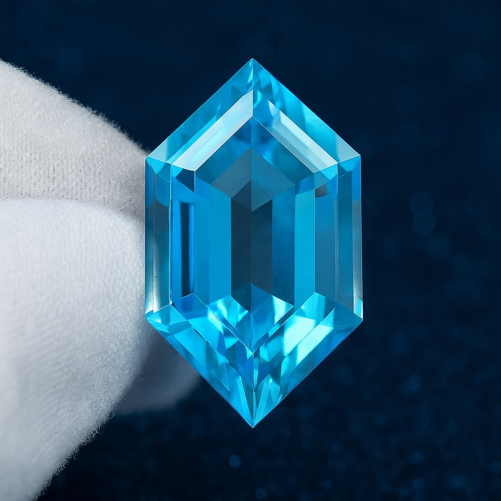 Natural Blue Topaz Heaxagon Faceted Cut 13.3 Cts. Gemstone: Natural Blue Topaz Heaxagon Faceted Cut 13.3 Cts. Gemstone Blue Topaz Shape : Heaxagon Size : 19x11x8.5 MM Color : Blue Type : Faceted Cut Quantity : 1 Piece Weight : 13.3