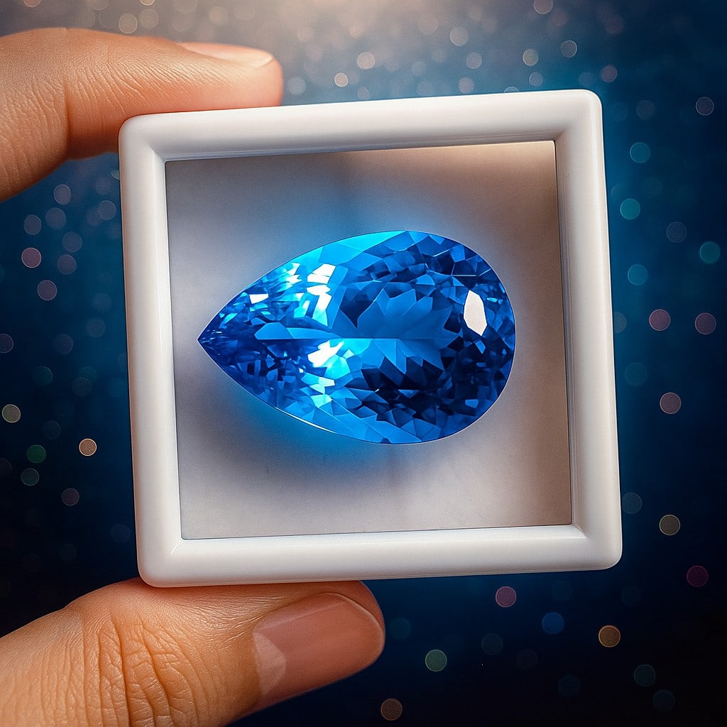 Natural Blue Topaz Pear Faceted Cut 67.6 Carats Gemstone: Natural Blue Topaz Pear Faceted Cut 67.6 Carats Gemstone Gemstone : Blue Topaz Stone Shape : Pear Stone Cutting Type : Faceted Cut Stone Weight : 67.6 Carats Stone Measurement : 35x22x14.5