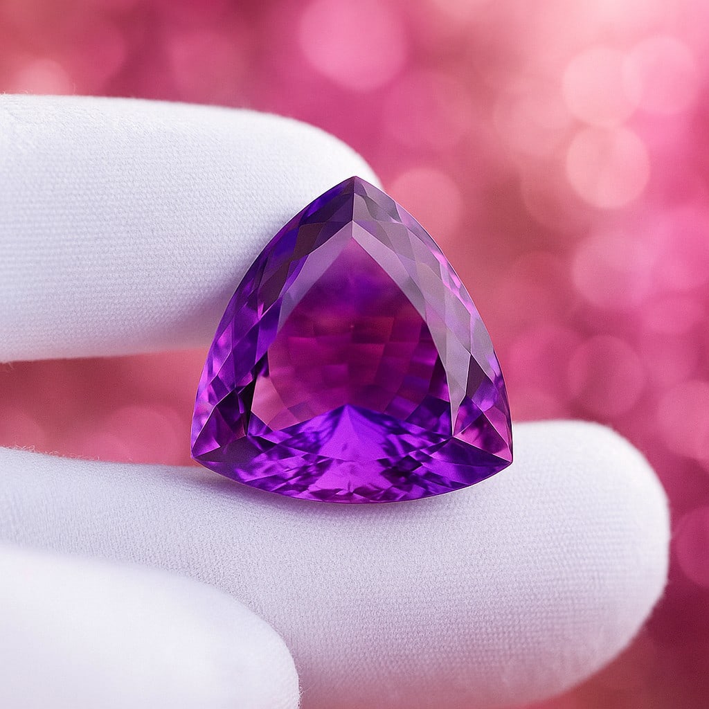 Natural Amethyst Trillion Faceted Cut 30.90 Cts. Gemstone: Natural Amethyst Trillion Faceted Cut 30.90 Cts. Gemstone Gemstone : Amethyst Shape : Trillion Size : 22X22X12 MM Color : Purple Type : Faceted Cut Quantity : 1 Pieces Weigh