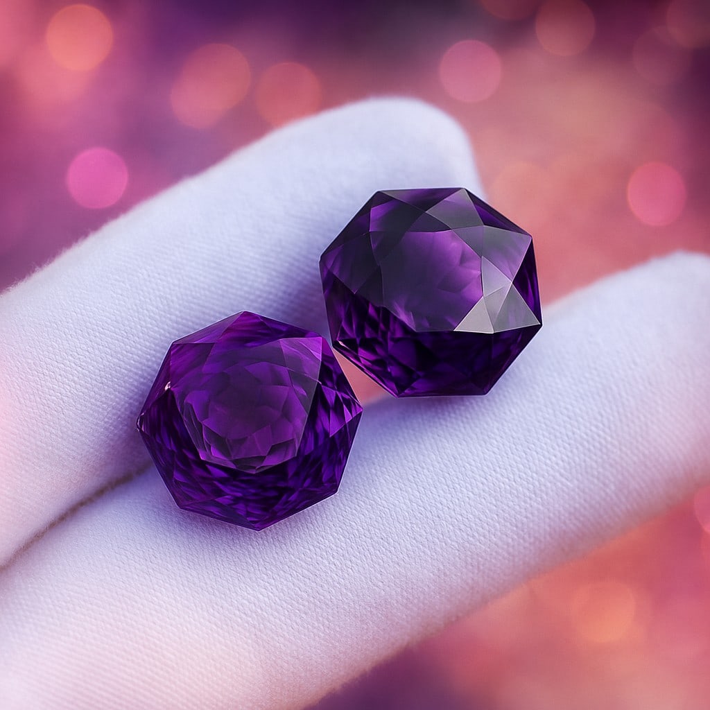 Natural Amethyst Octagon Concave Cut 17.05 Cts. Gemstone Pair: Natural Amethyst Octagon Concave Cut 17.05 Cts. GemstoneAmethyst Shape : Octagon Size : Stone 1 : 13.5X13.5X9.5 MM , Stone 2 : 13.5X13.5X9 MM Color : Purple Type : Concave Cut Quantity : 2 Pieces